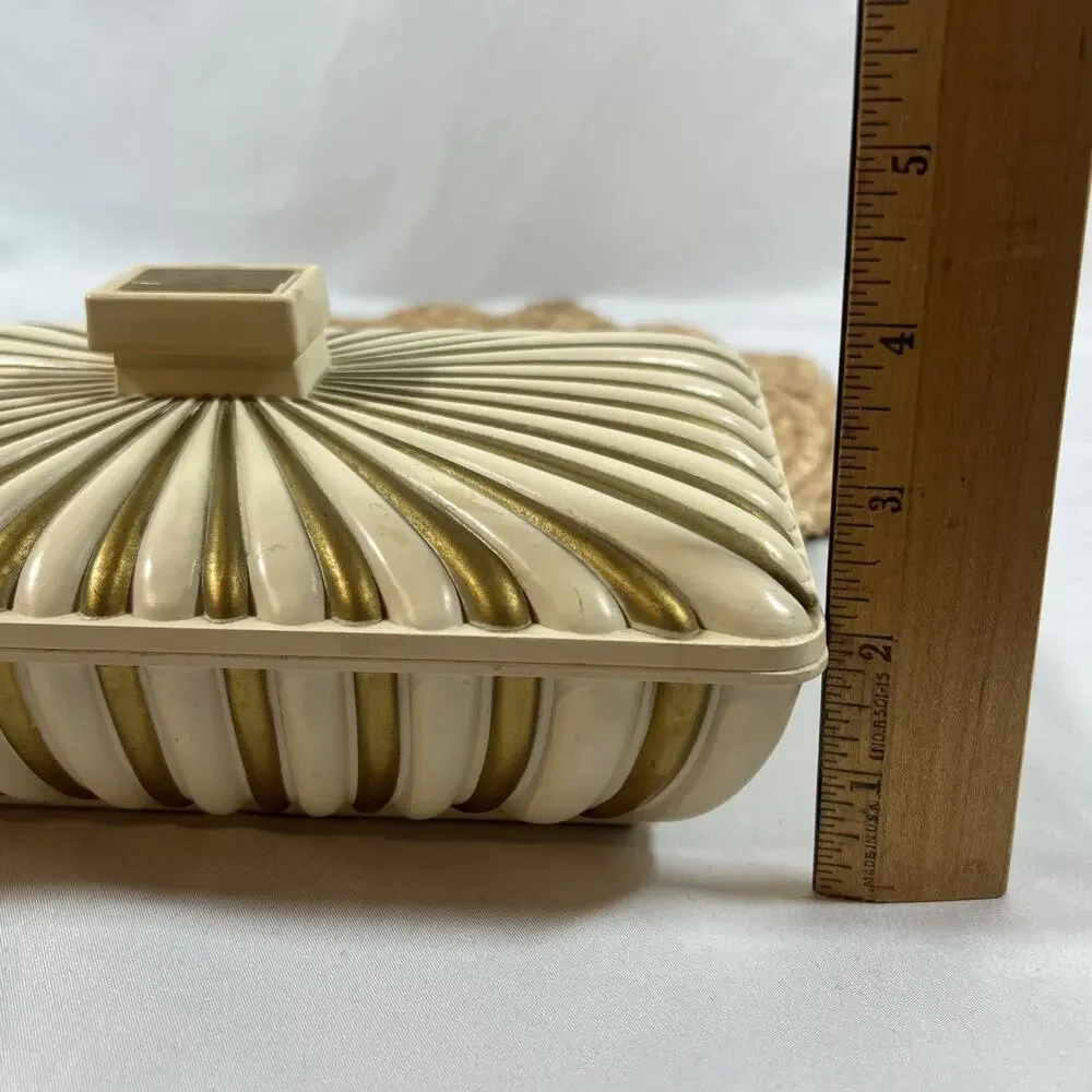 Vintage Syroco Gold & Cream JEWELRY Trinket Box 2 Layer Tray Flocked Velvet